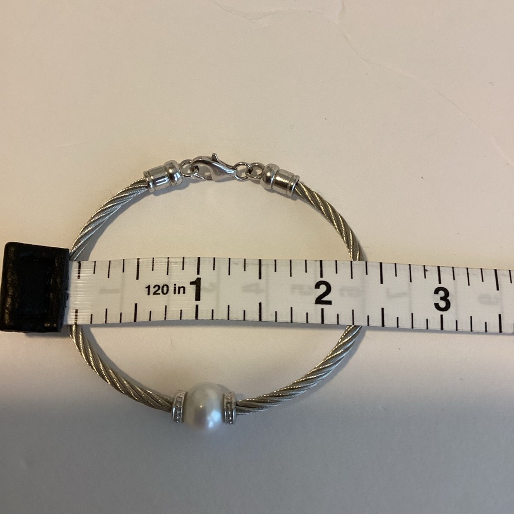 925 Sterling Silver Twisted Cable Pearl Bangle Bracelet Classic Layering Piece - Picture 3 of 10